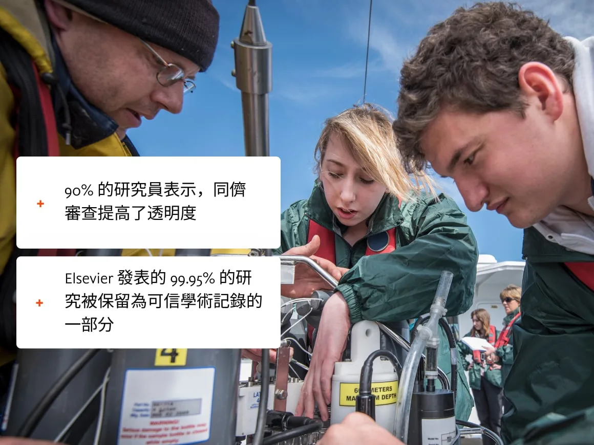 Sample being examined under a microscope with overlay of researcher and peer review data 