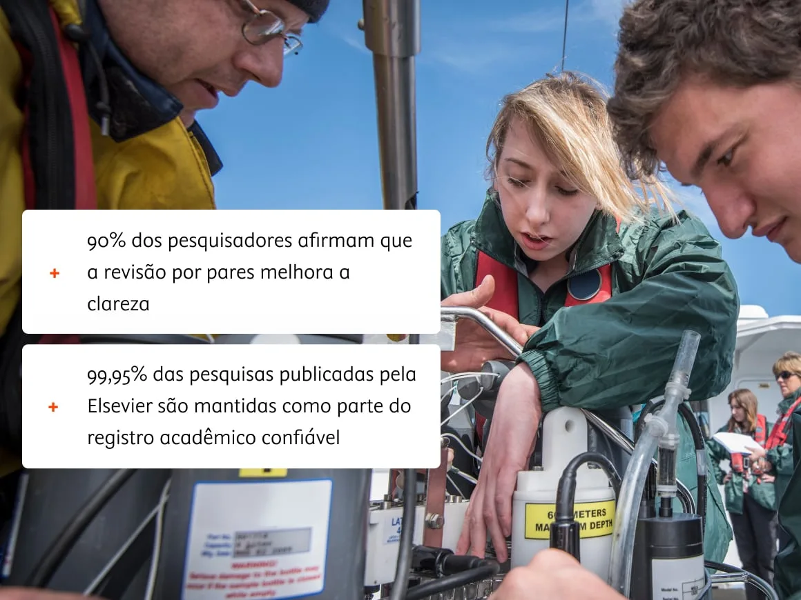 Sample being examined under a microscope with overlay of researcher and peer review data 