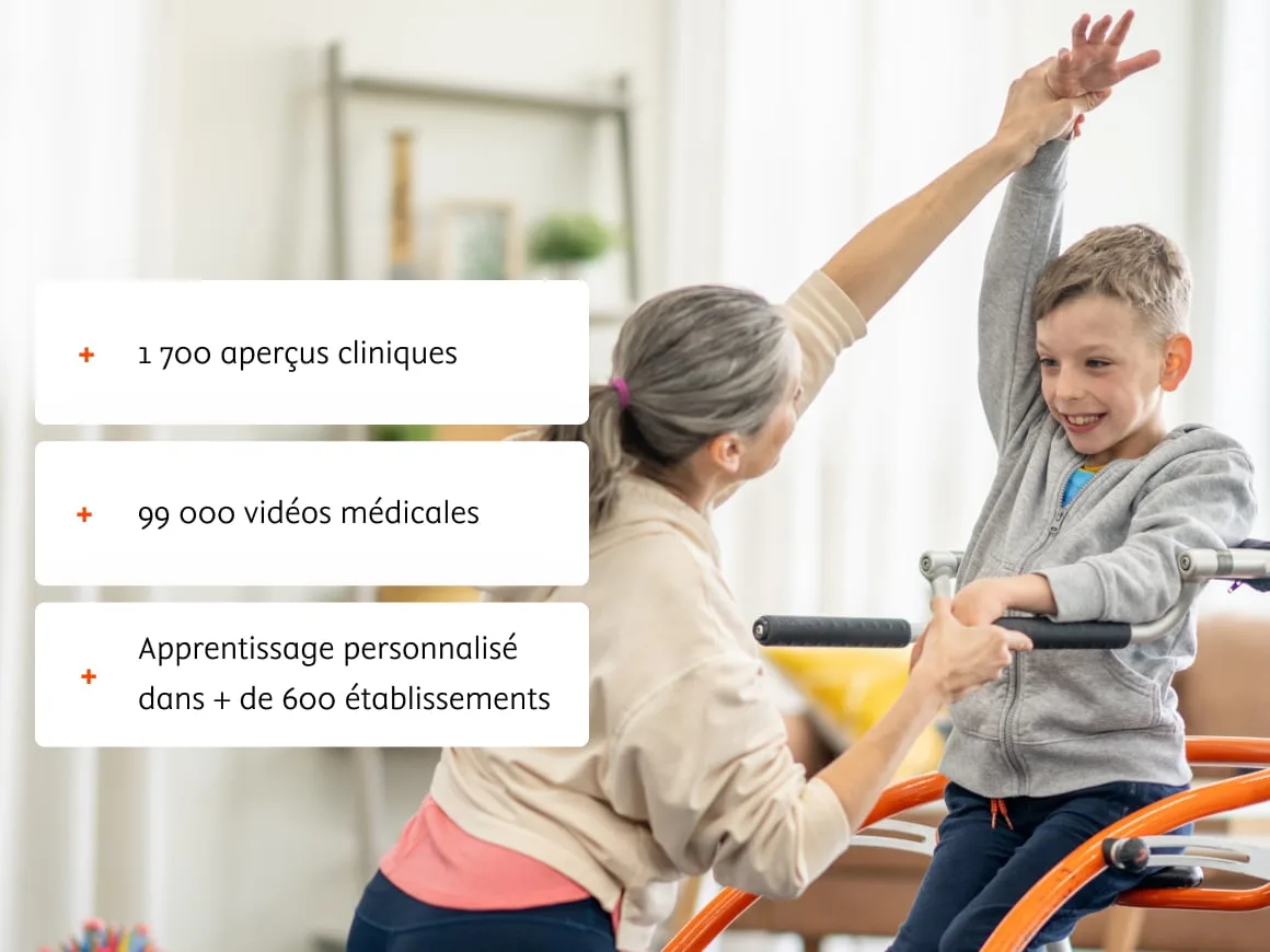 Woman helping young boy to stretch. Fact overlay: 1,700 Clinical overviews. 99K medical videos. Personalized learning at 600+ institutions.